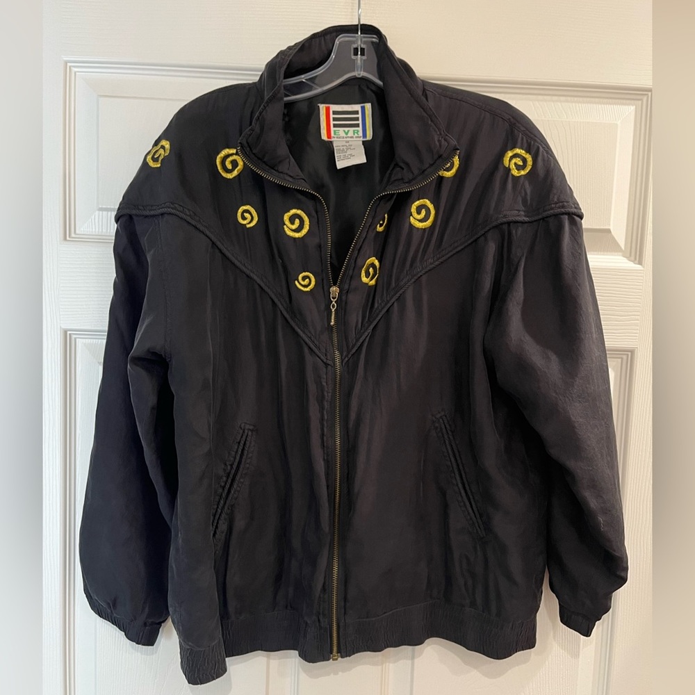 Vintage EVR 100% Silk Windbreaker Size Medium Embroidered Retro 80s 90s
